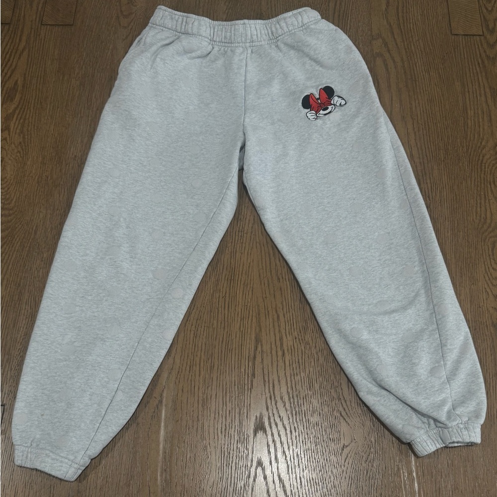 Disney Minnie Mouse Sweatpants Grey Polka Dot Joggers Size Large Lounge Pants